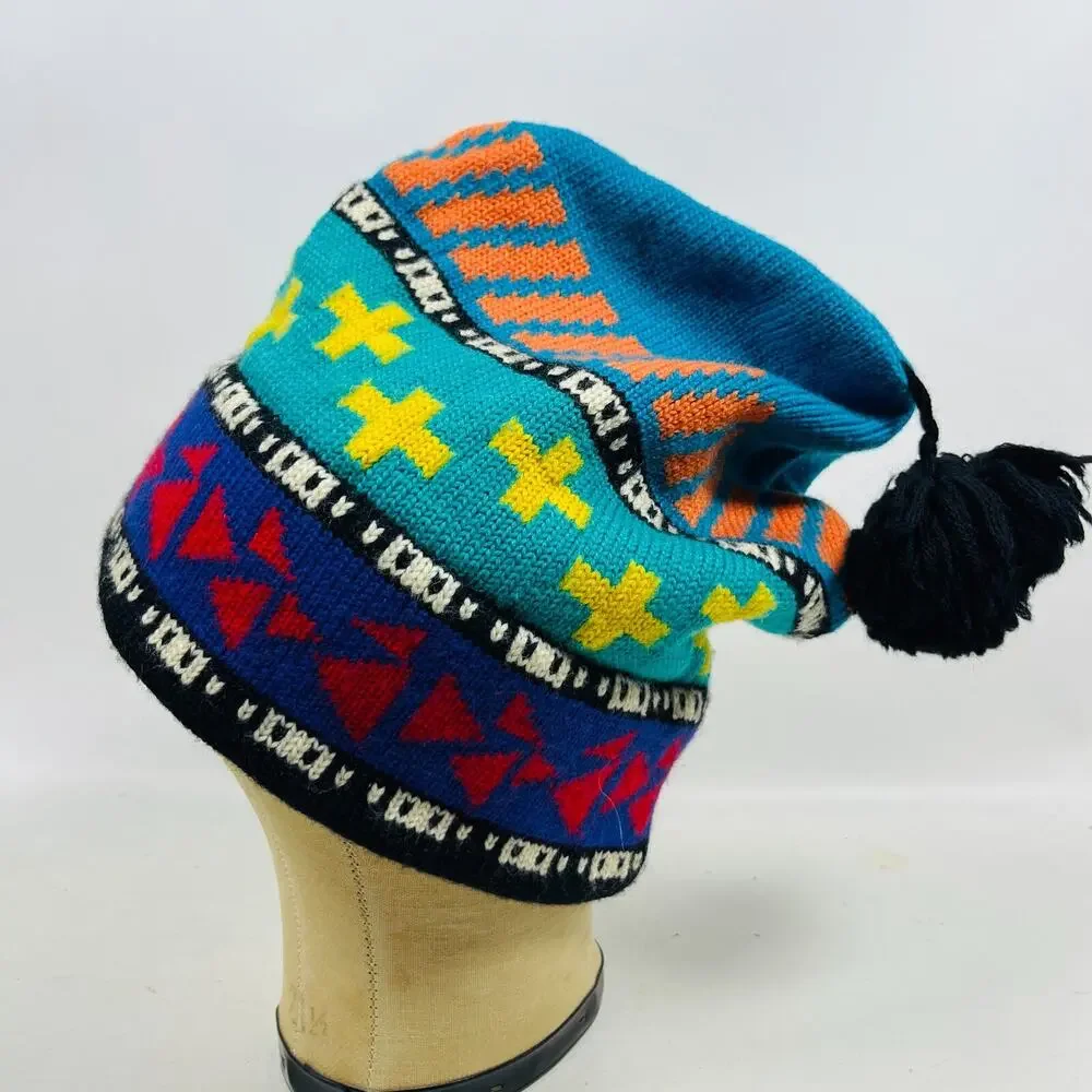 COLUMBIA Hat Adult OS Pure Wool Southwestern Ski Beanie Bobble Cap Blue